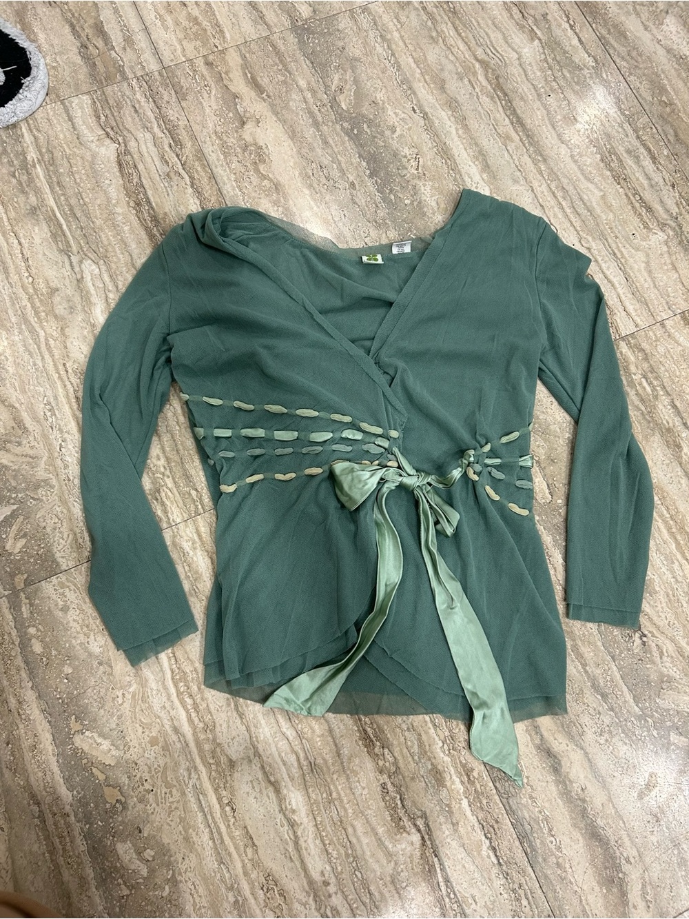 Vintage rare Green chiffon Wrap-Front Long Sleeve Top with Satin waist Tie XS